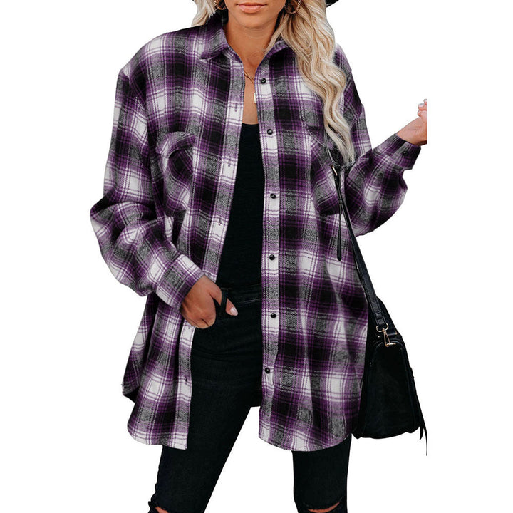 Relaxed fit women's plaid button-up shacket for cozy layering and everyday style.