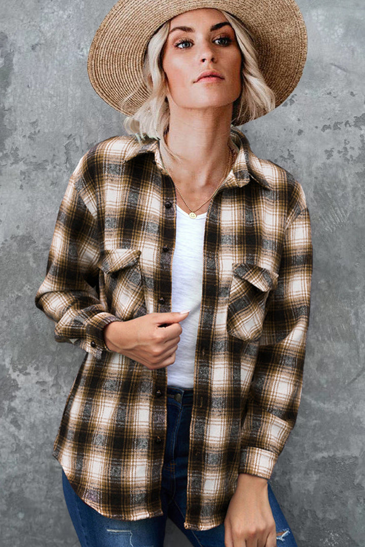 Stylish women's plaid button-up shacket, perfect for cozy everyday layering.