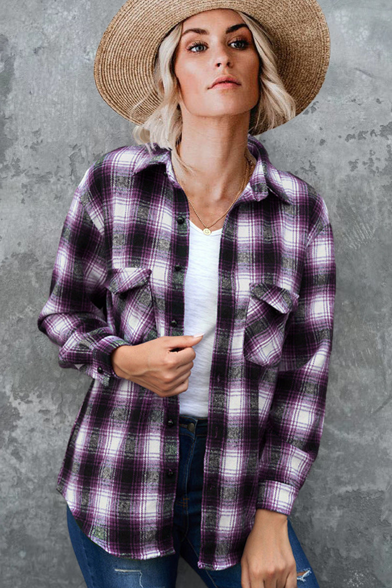 Comfortable women's plaid shirt jacket, a versatile button-up for fall fashion.