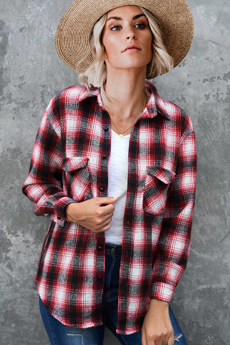 Everyday women's plaid button-up shirt jacket with practical pockets for casual style.