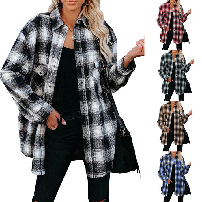 Women's plaid shirt jacket, button-up design with pockets, perfect for a relaxed fall look.