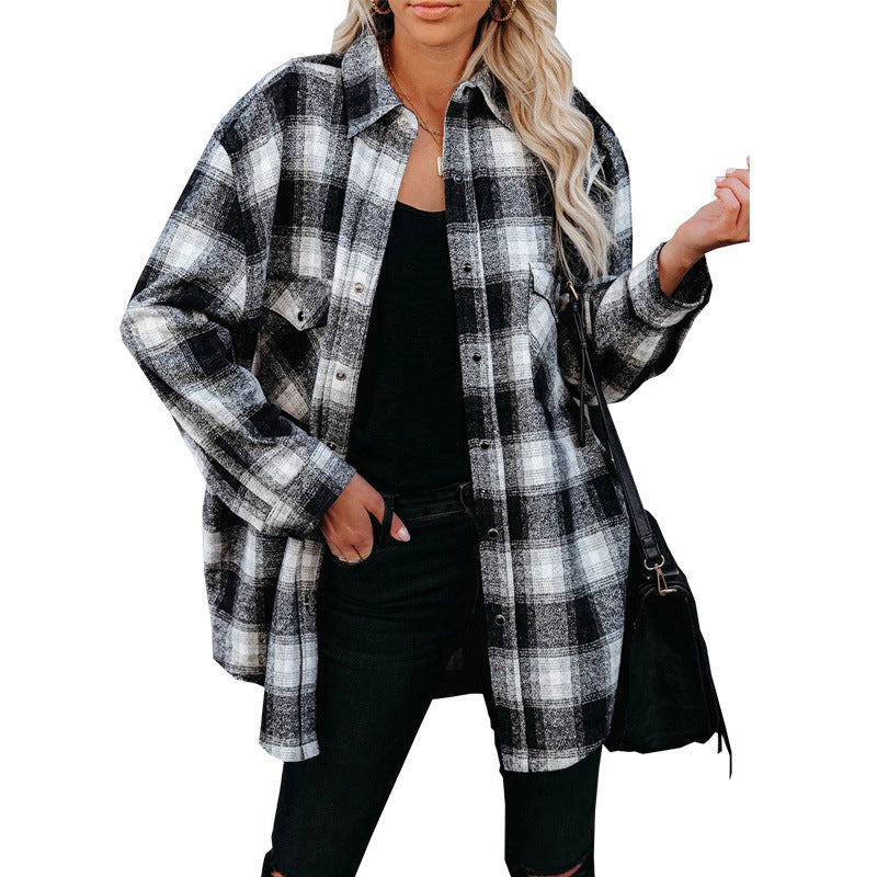 Versatile women's plaid button-up shirt jacket, great for casual layering and fall comfort.