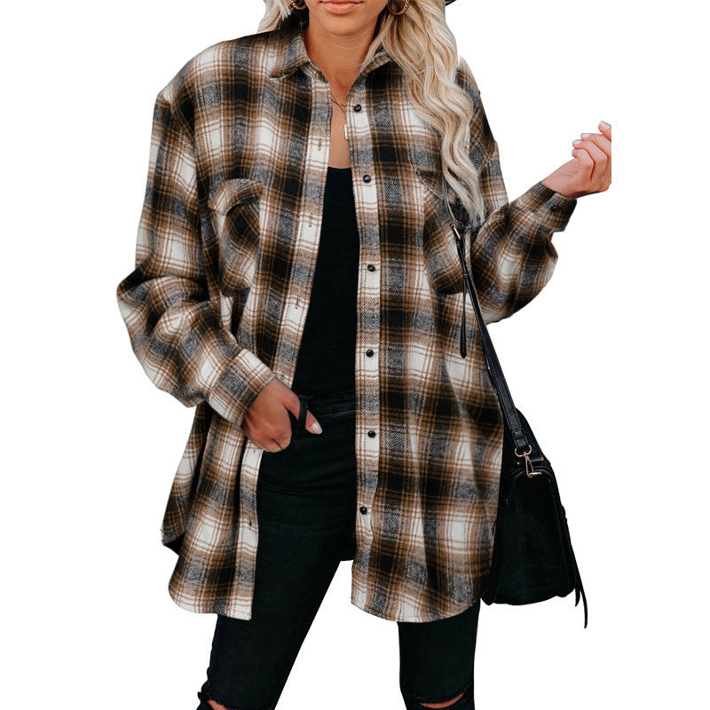 Stylish women's outerwear: plaid button-up shirt jacket with functional pockets.
