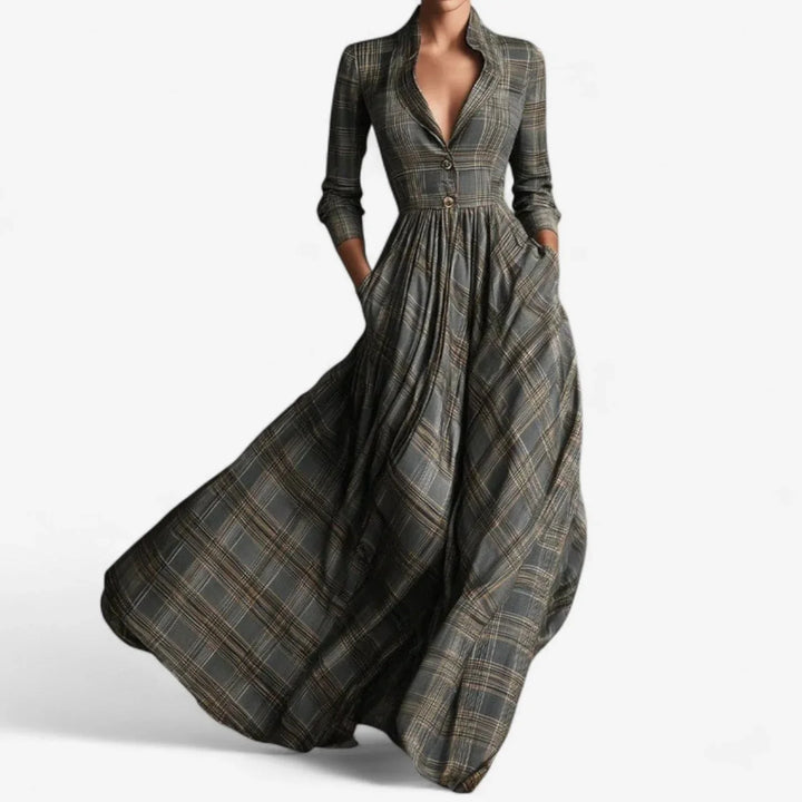 Women's plaid maxi dress with collared V-neck and 3/4 sleeves, perfect for casual or elegant day-to-night wear.