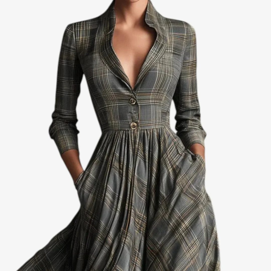 Elegant women's plaid maxi dress featuring a collared V-neck, 3/4 sleeves, and stylish button-front detail.