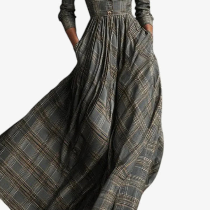 Comfortable women's plaid maxi dress, collared V-neck, 3/4 sleeves. Versatile for casual outings or evening events.