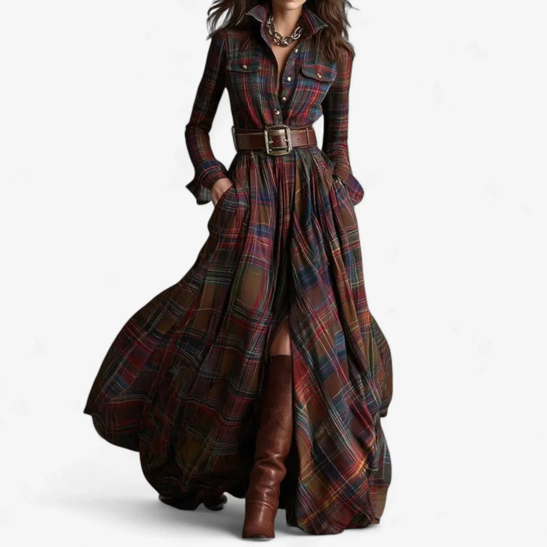 Women's plaid maxi dress with full button front, belted long sleeves, and a flowing skirt, perfect for fall fashion.