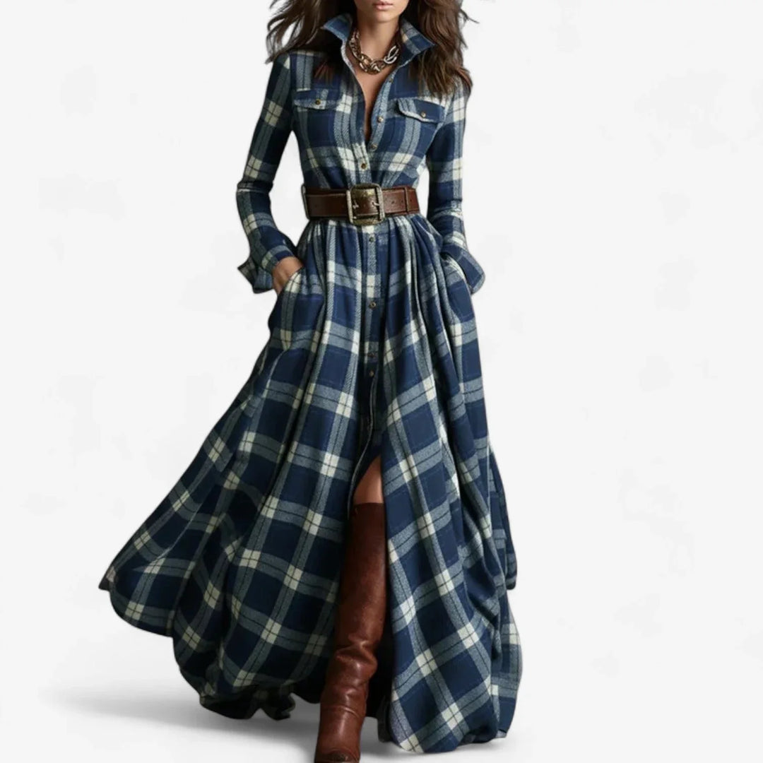 Elegant women's plaid maxi dress, button-front with adjustable belted long sleeves, ideal for versatile casual elegance.