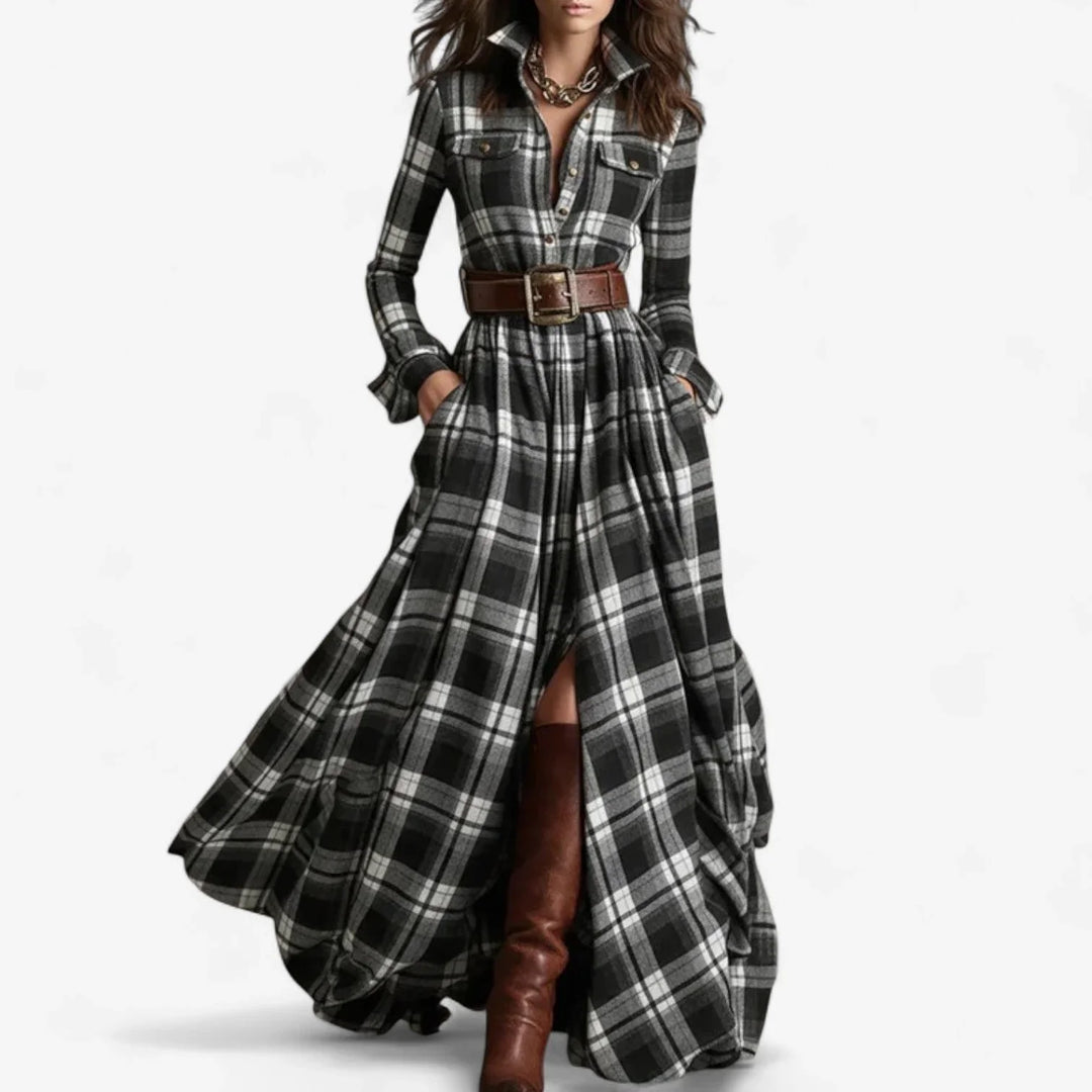 Comfortable women's plaid long-sleeve maxi dress, featuring a button front and stylish belt for winter fashion.