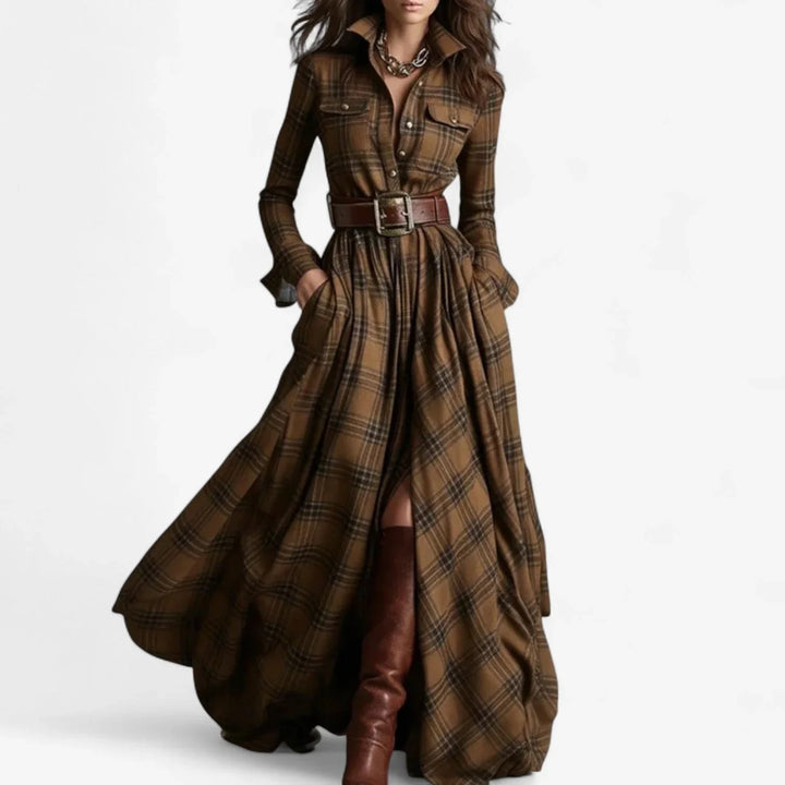 Fashionable women's plaid maxi dress. Button-front design with belted long sleeves offers a chic, versatile look.