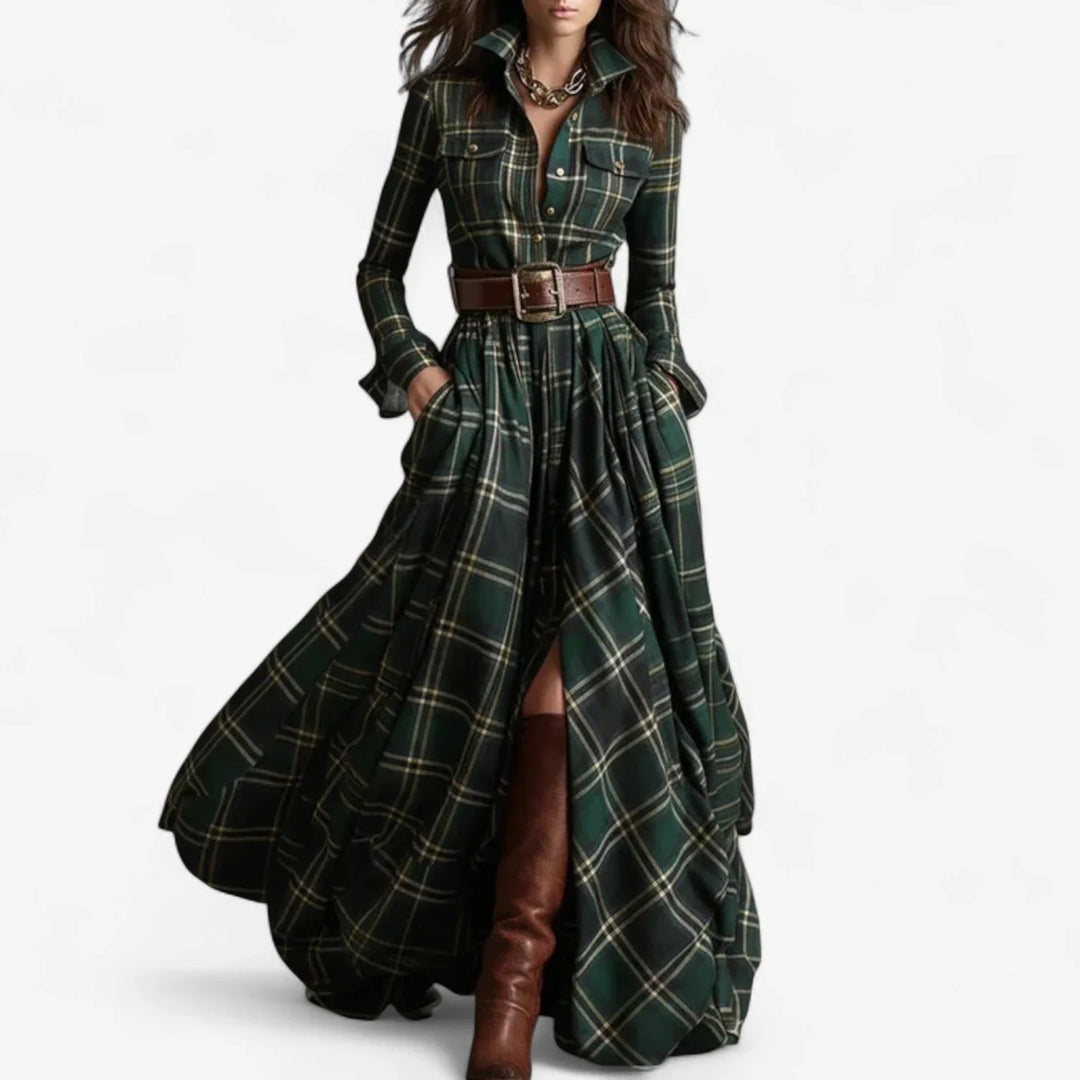 Women's casual plaid button-front maxi dress, long sleeves with belt, offering a blend of comfort and fall style.
