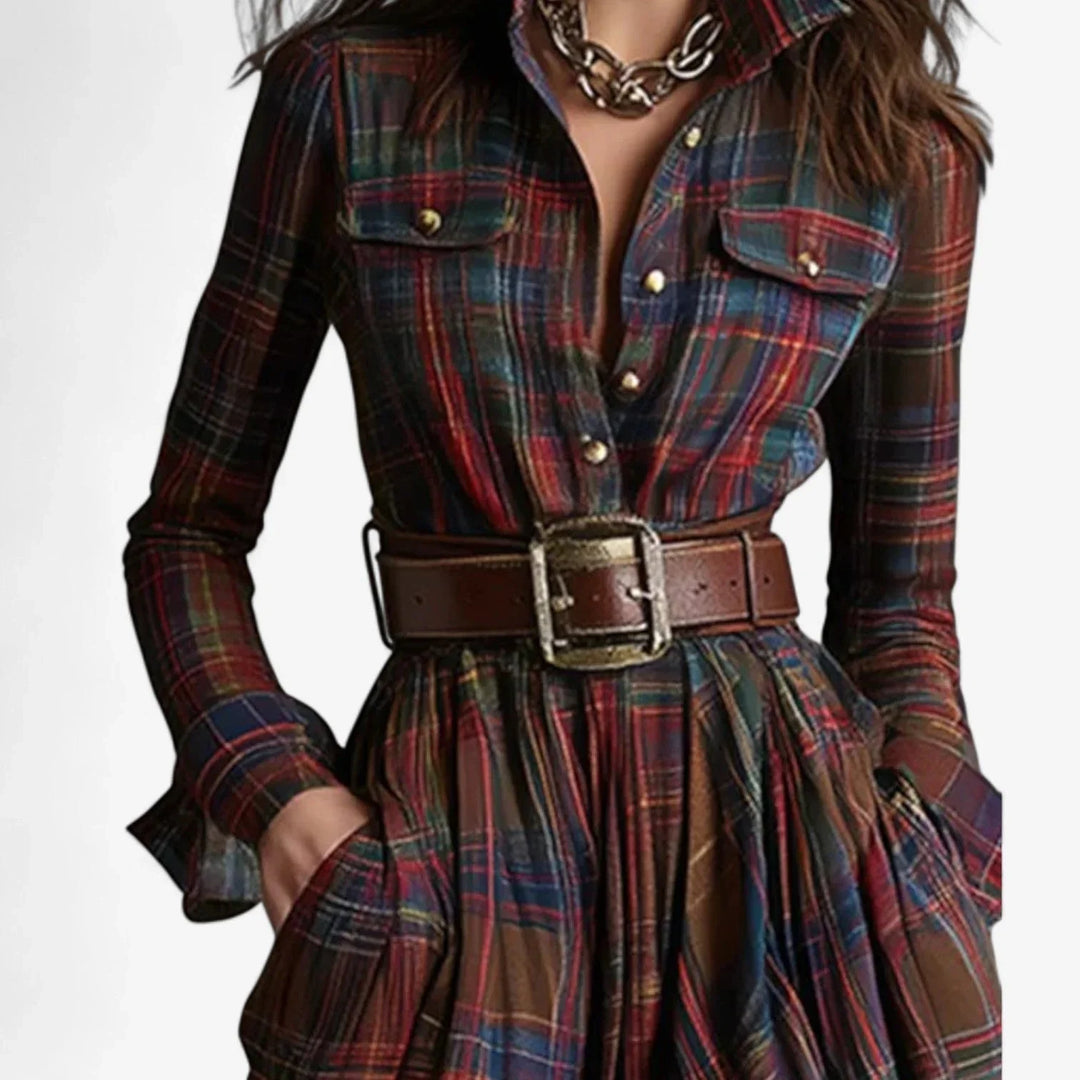 Plaid long-sleeve maxi dress for women, button-front, belted, suitable for both casual and elegant fall outfits.