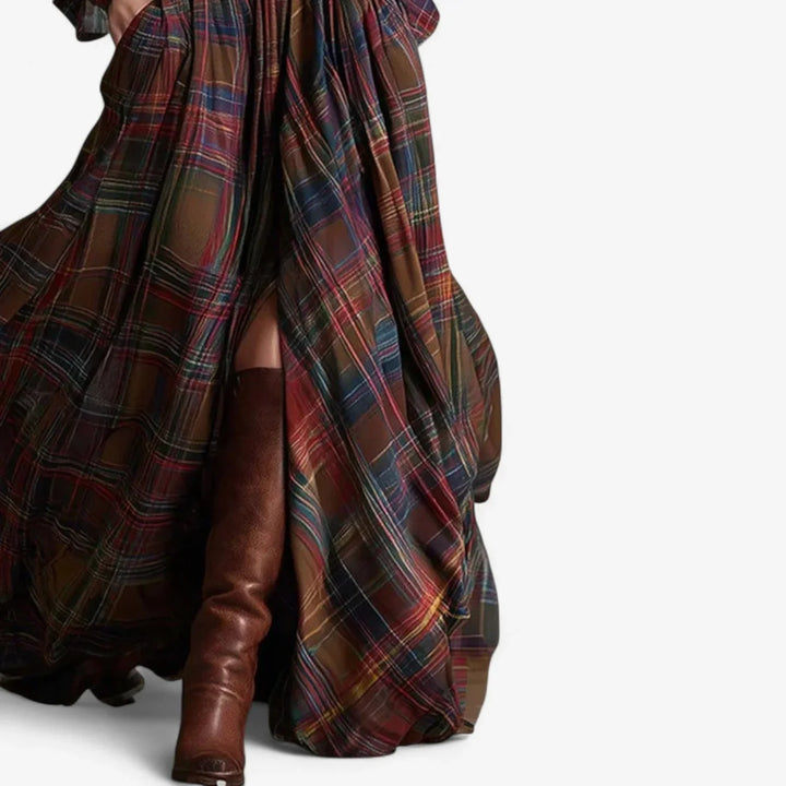 Sophisticated women's plaid maxi dress with button front, long belted sleeves. A must-have for winter elegance.
