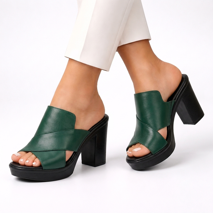 Women's platform block heel sandals, crisscross straps, open toe. Stylish summer footwear.