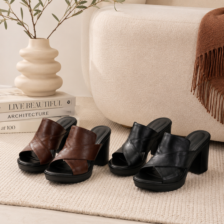 Women's platform block heel sandals, open toe, crisscross design. Comfortable & stylish for all-day wear.
