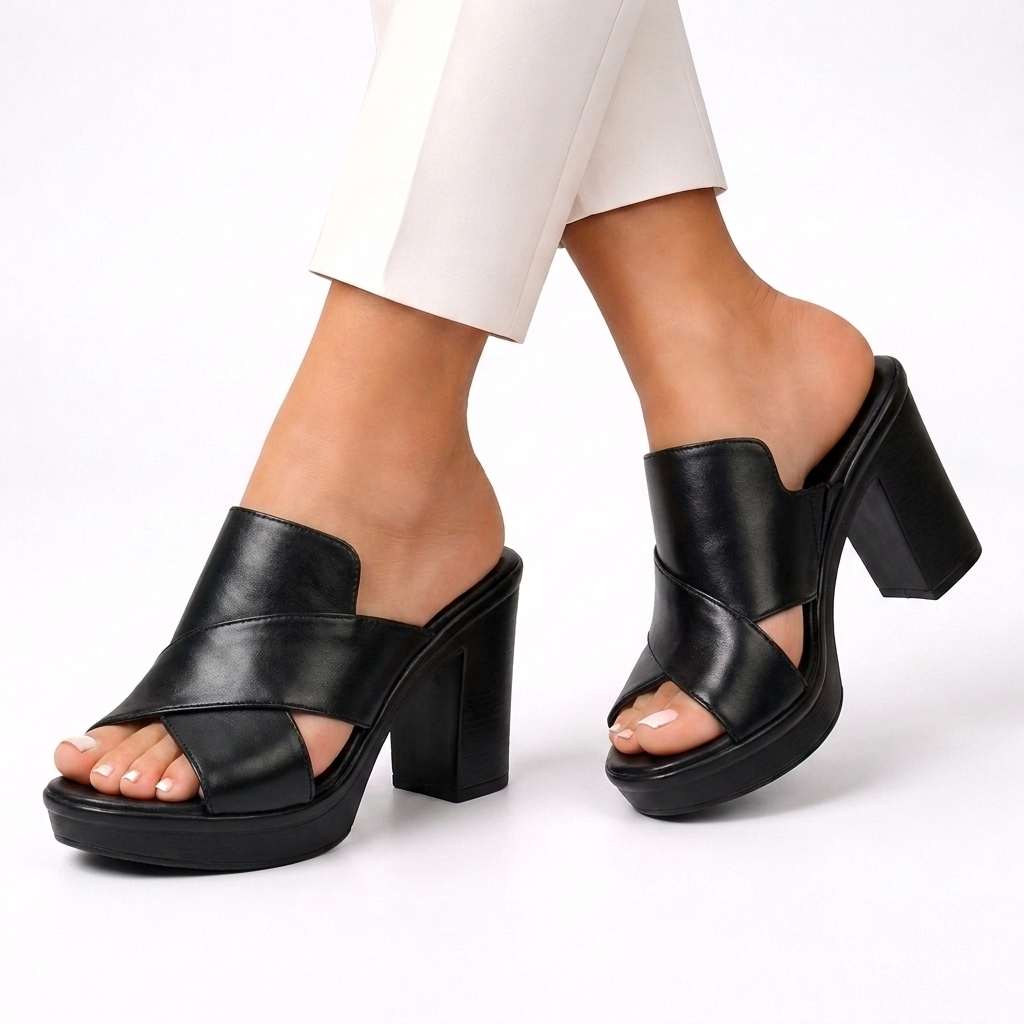 Elegant women's platform block heel sandals, crisscross open toe. Perfect for summer fashion.