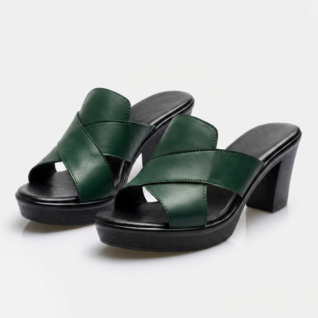 Side profile of women's platform block heel sandals, elegant crisscross straps & open toe design.