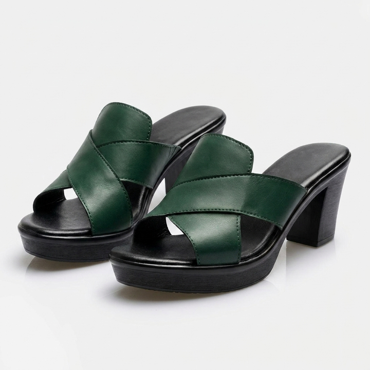 Side profile of women's platform block heel sandals, elegant crisscross straps & open toe design.