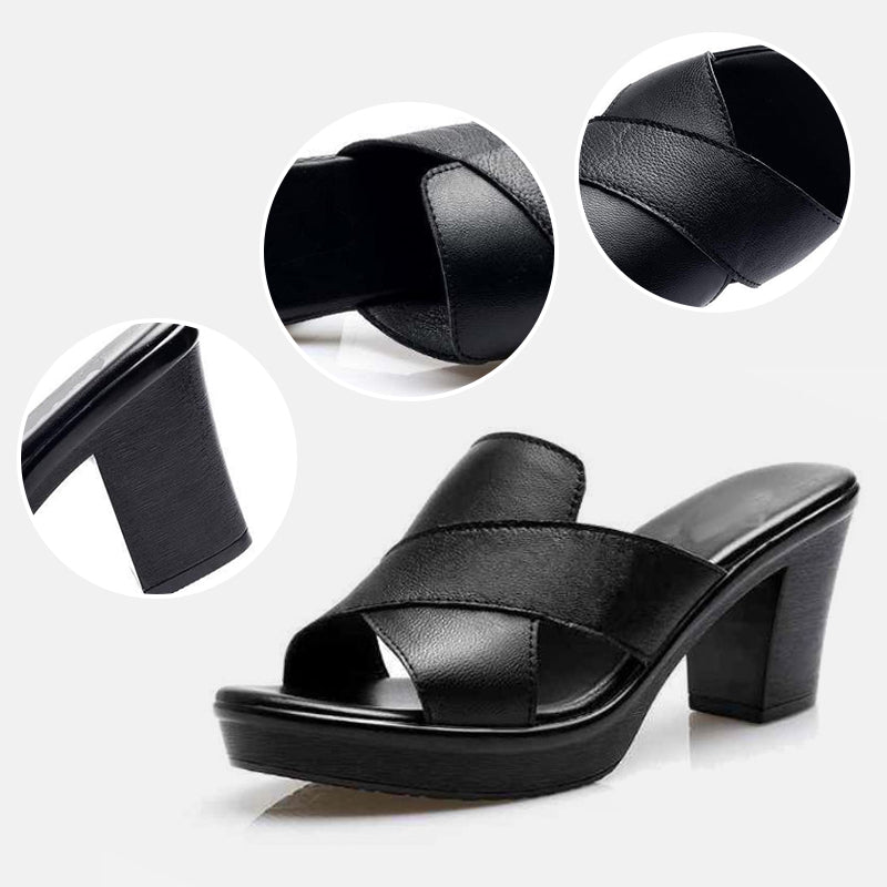Woman's foot in stylish platform block heel sandals, crisscross open toe. Trendy summer fashion footwear.