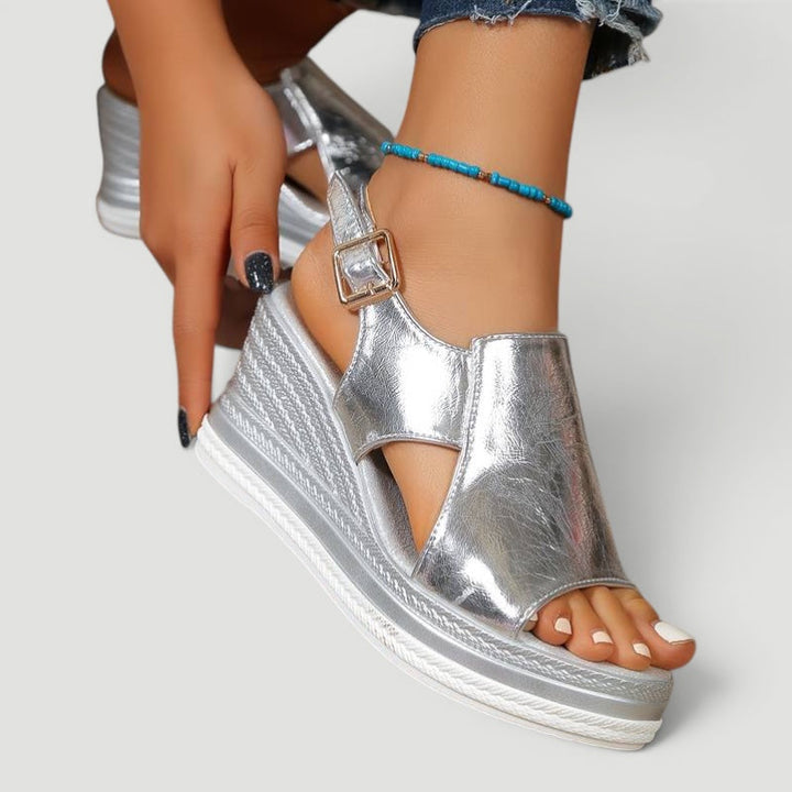 Fashionable women's platform orthopedic sandals, arch support. Comfortable open-toe wedge for summer daily wear.