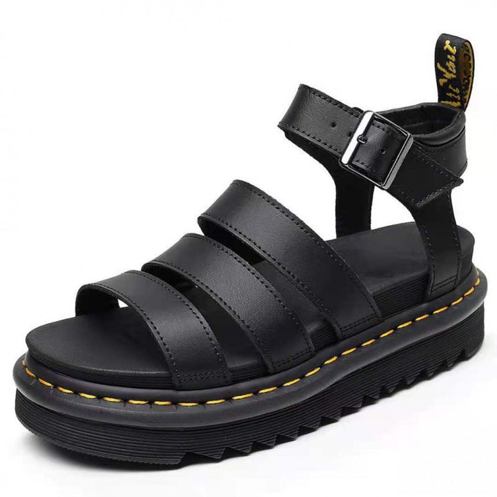 Women's platform sandals with triple strap and ankle buckle, ideal for summer fashion.