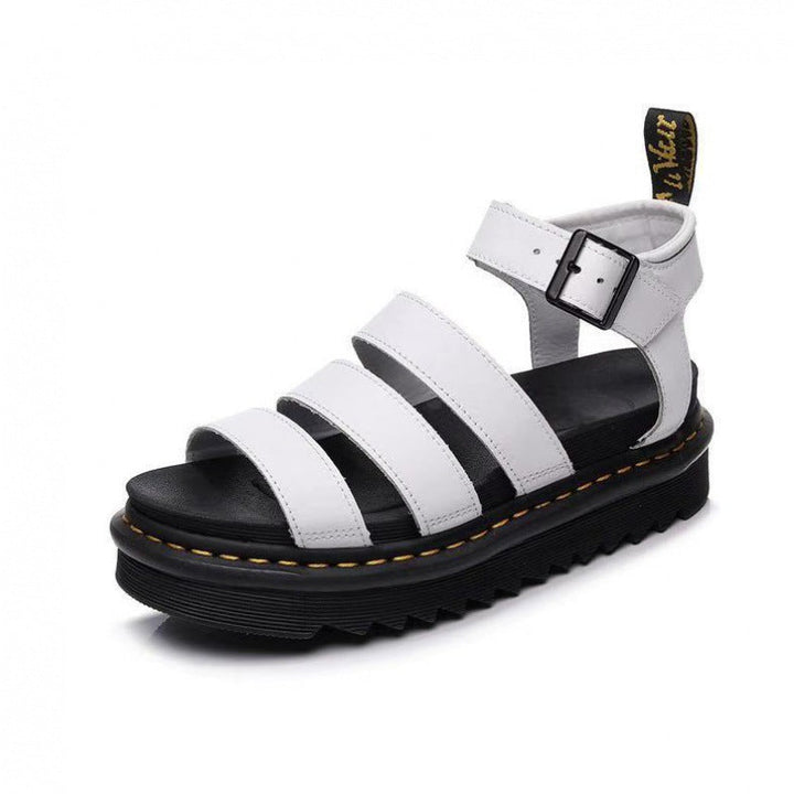 Stylish women's platform sandals featuring a triple strap design and comfortable ankle buckle closure.