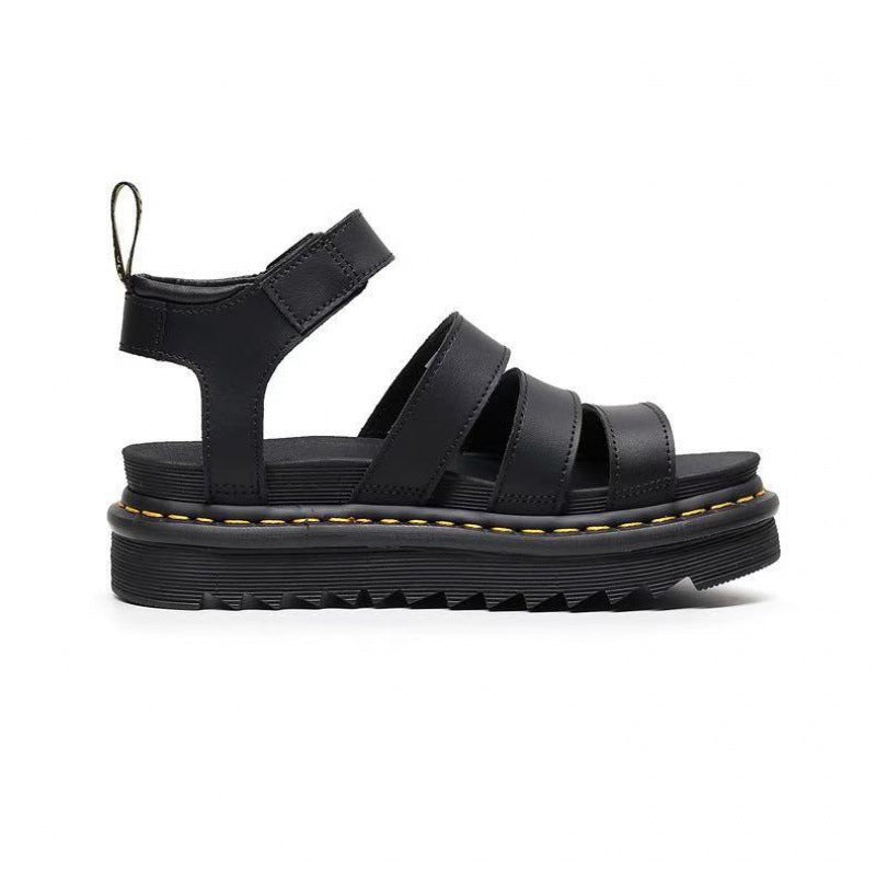 Comfortable women's platform sandals with a triple strap and ankle buckle, great for casual summer outfits.