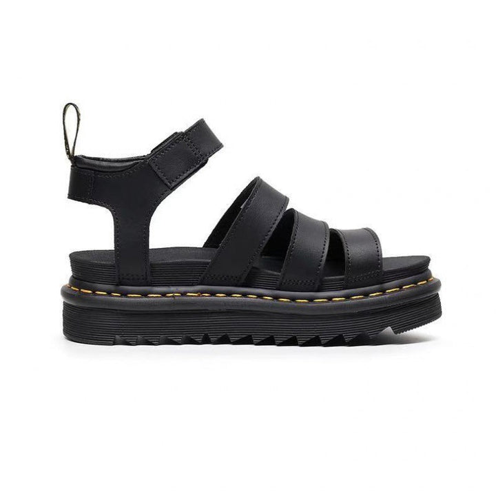 Comfortable women's platform sandals with a triple strap and ankle buckle, great for casual summer outfits.