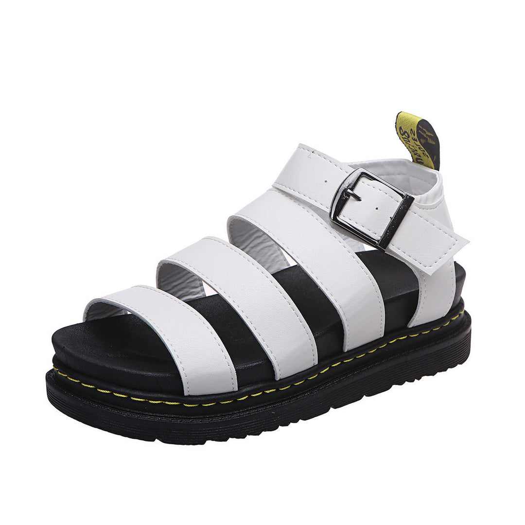 Modern women's platform sandals with triple strap design and ankle buckle, a chic addition to summer shoes.