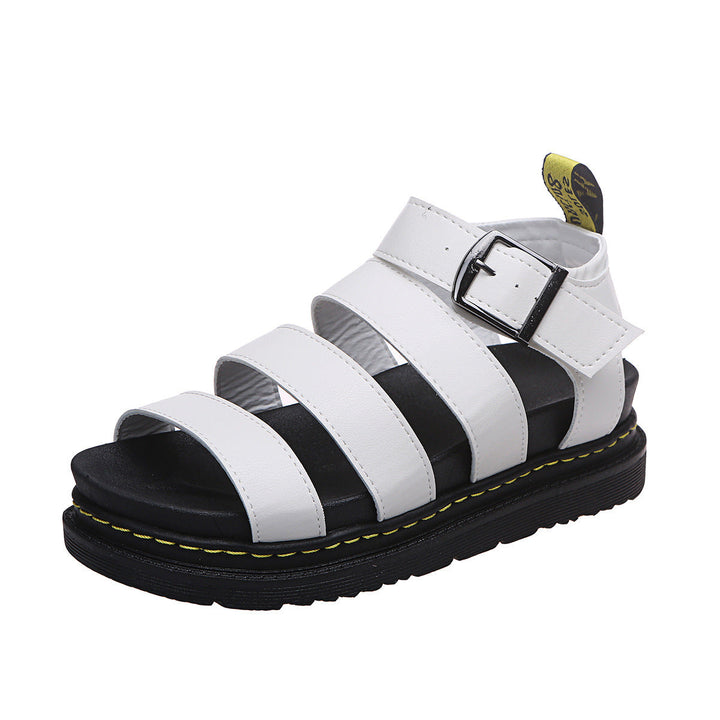 Modern women's platform sandals with triple strap design and ankle buckle, a chic addition to summer shoes.