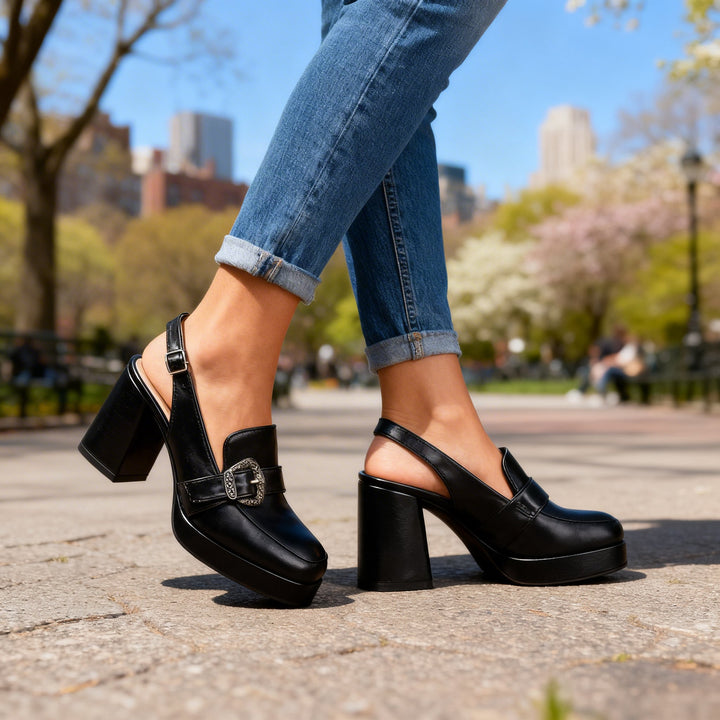 Elegant women's platform slingback loafers with a comfortable block heel for versatile smart casual footwear.