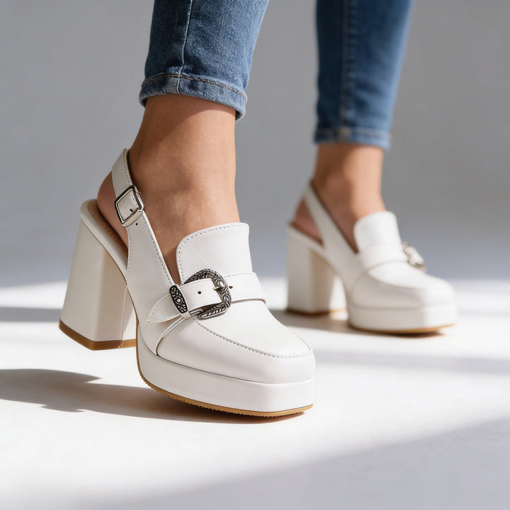 Side view: Chic women's platform slingback loafers, showcasing the elegant block heel and sophisticated design.