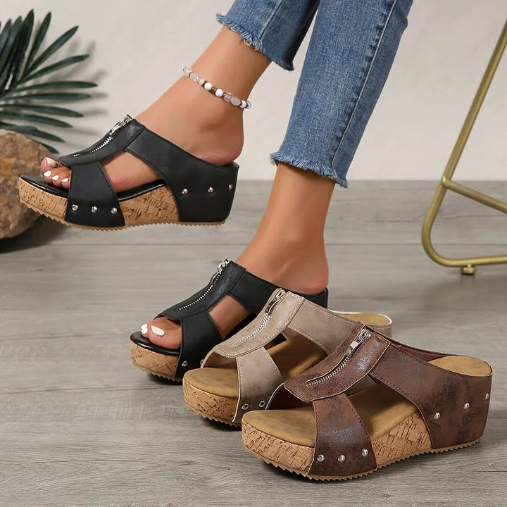 Women's platform slip-on wedge sandals with open-toe & zipper detail. Perfect for summer fashion.