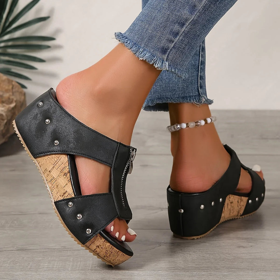 Women's open-toe platform wedge slip-on sandals with zipper detail. Trendy, comfortable, and elegant summer shoes.