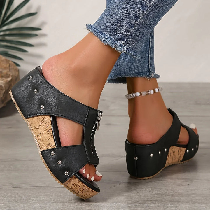 Women's open-toe platform wedge slip-on sandals with zipper detail. Trendy, comfortable, and elegant summer shoes.