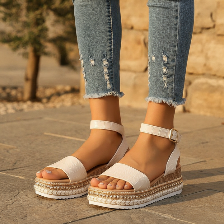 Women's platform strap sandals for summer. Comfortable open-toe footwear, perfect for stylish warm-weather looks.