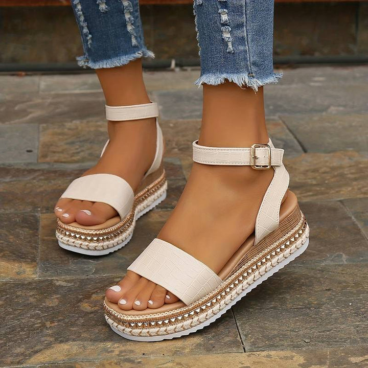 Stylish women's platform sandals with adjustable ankle strap. Available in apricot, black, white for summer.