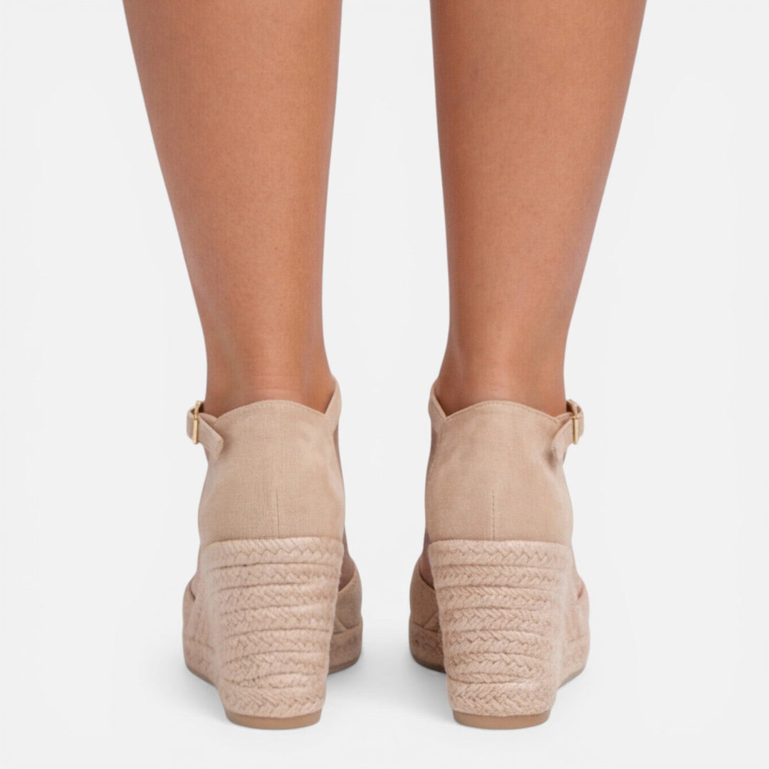 Casual black women's espadrille platform wedge sandals with ankle strap, perfect for summer outfits.