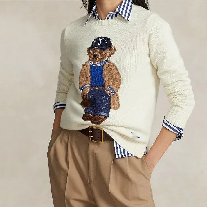 Women's long-sleeve bear sweater. Trendy & cheerful knitwear, perfect for playful winter fashion apparel.