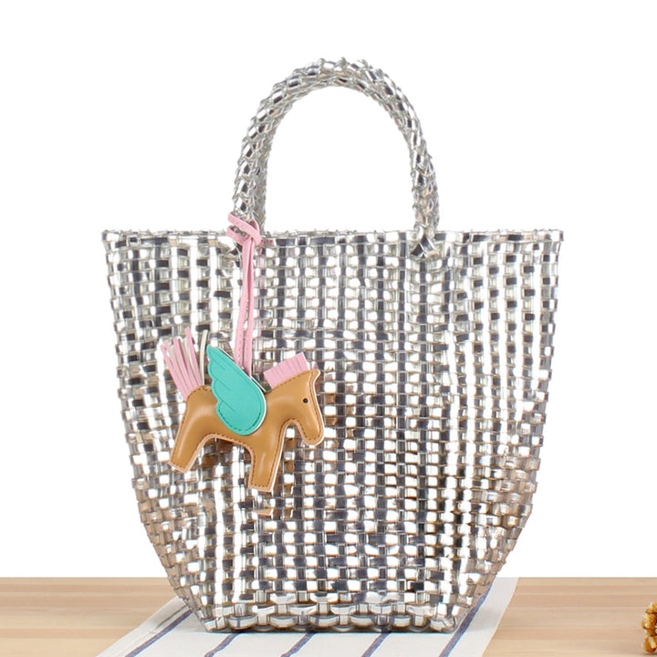 Versatile women's woven basket tote bag, a playful charm for beach, shopping & summer outfits.