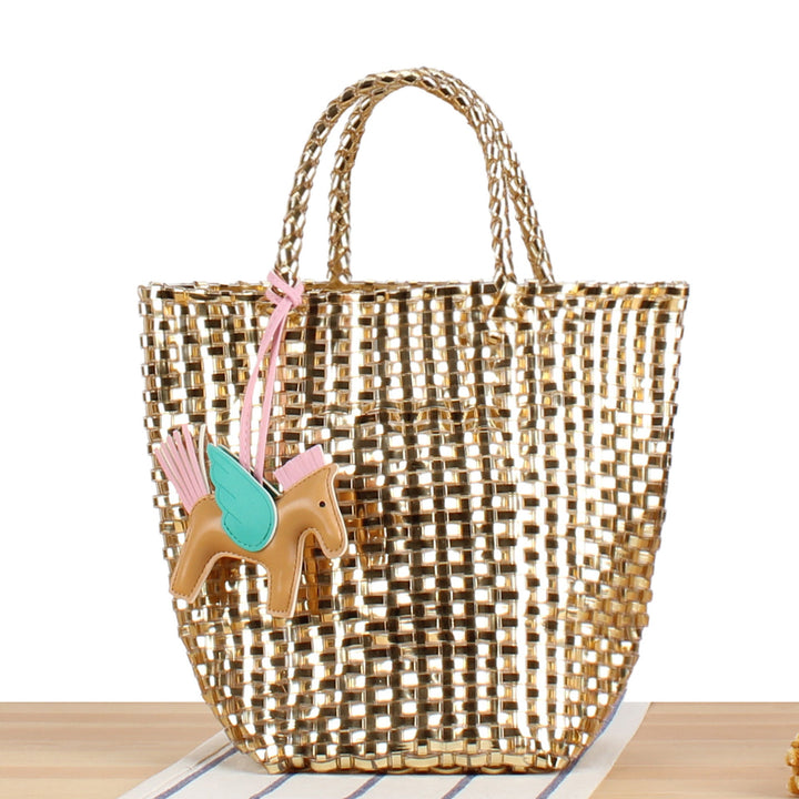 Fashionable women's woven basket bag with playful charm, a perfect summer accessory.