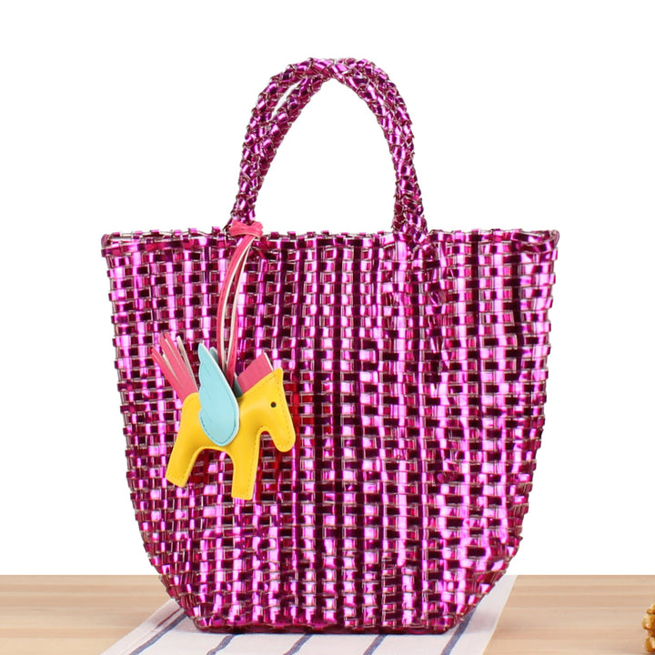 Boho style woven basket handbag for women, a charming and playful summer accessory.