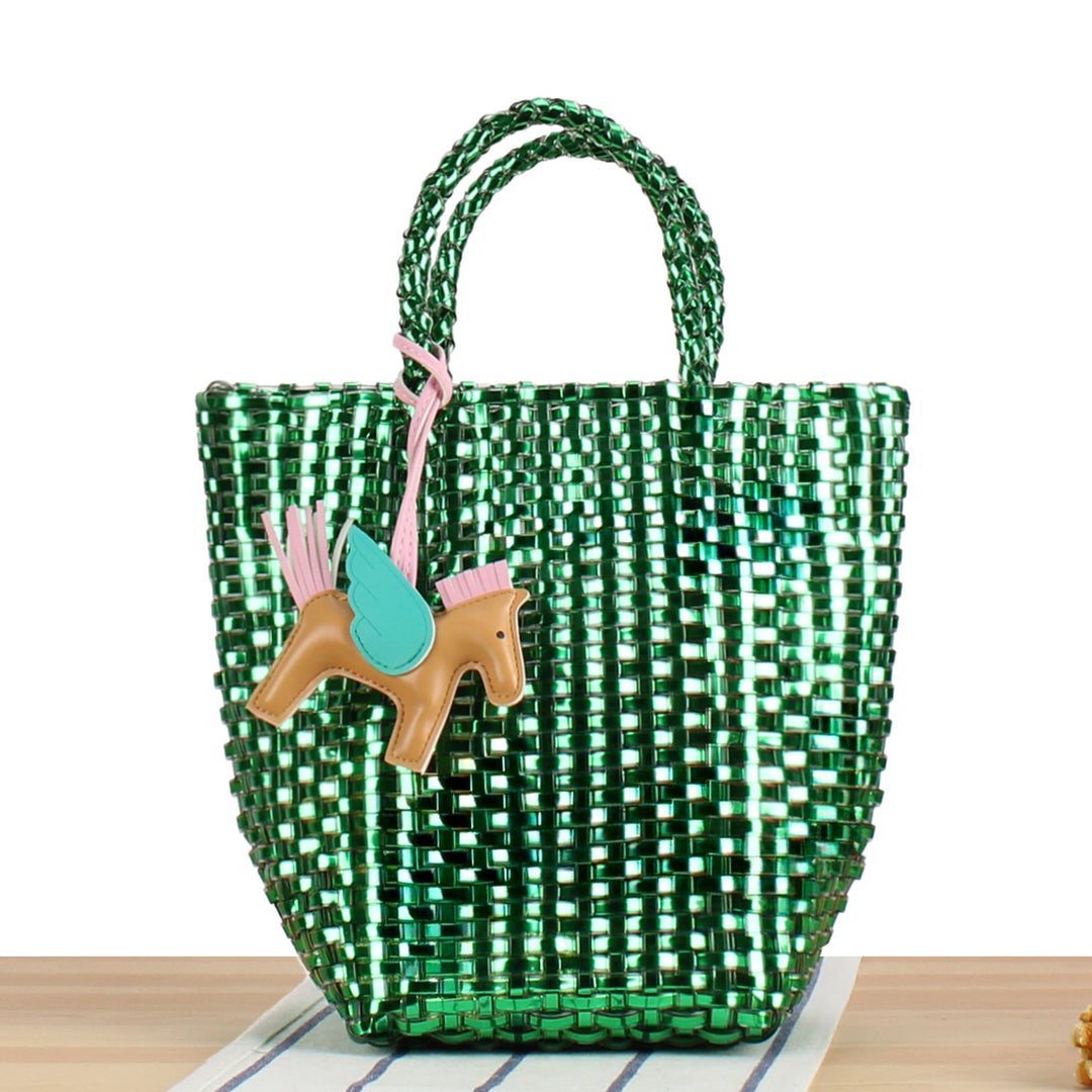 Empty women's woven basket tote bag, showcasing its playful design & spacious interior for summer.
