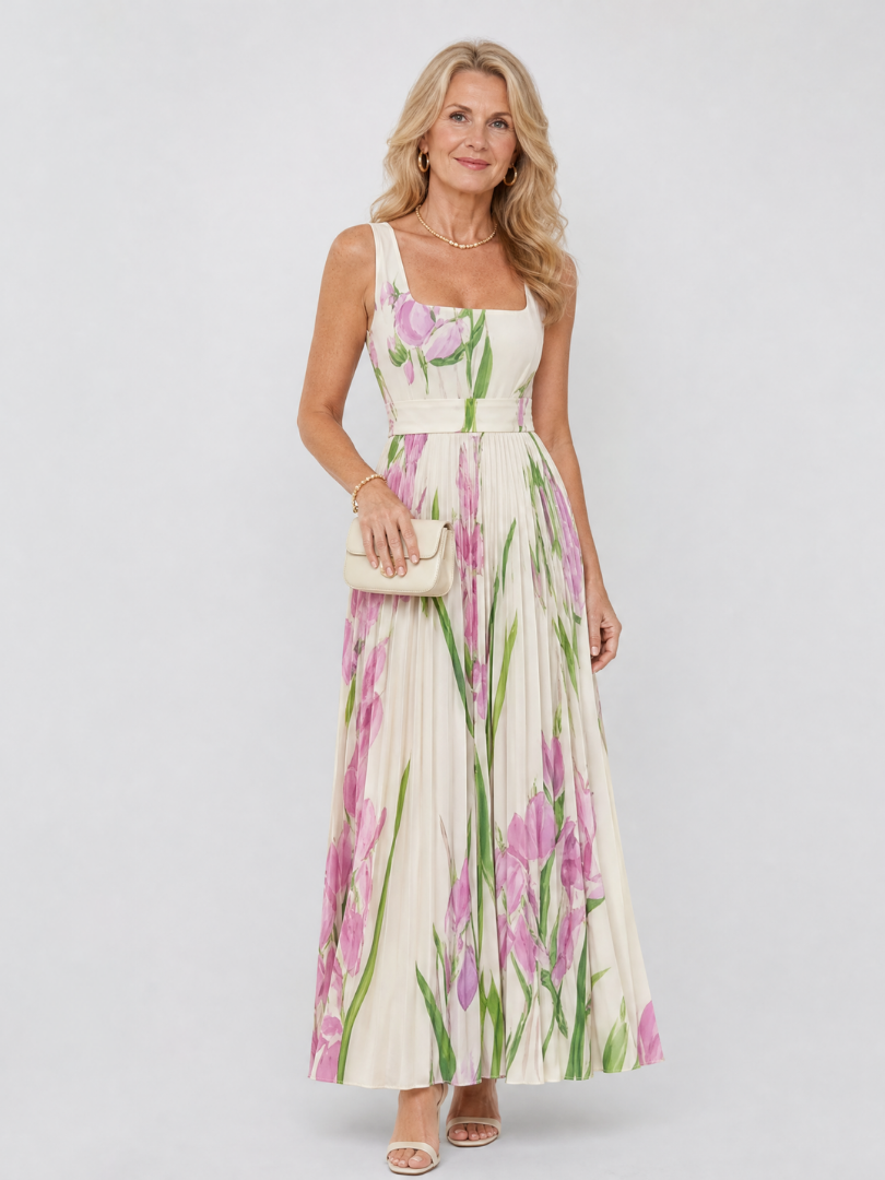 Women's pleated floral sleeveless midi dress with square neck, perfect for summer casual wear.