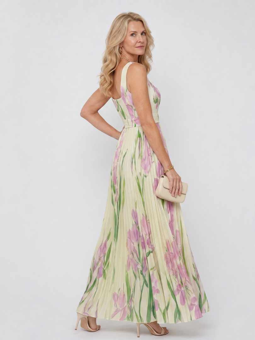 Sleeveless floral midi dress for women, featuring a pleated skirt and stylish square neckline.