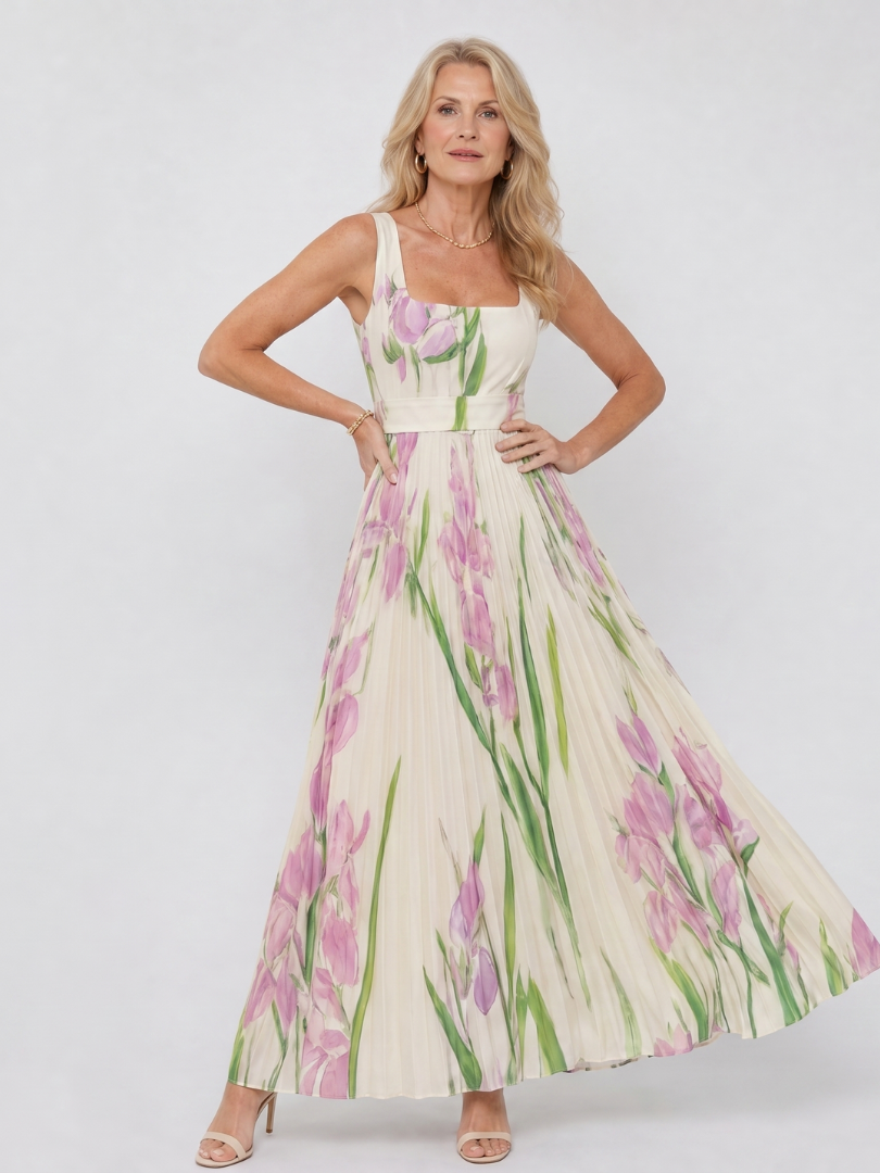 Relaxed fit pleated floral midi dress, ideal for women's summer vacations and casual outings.