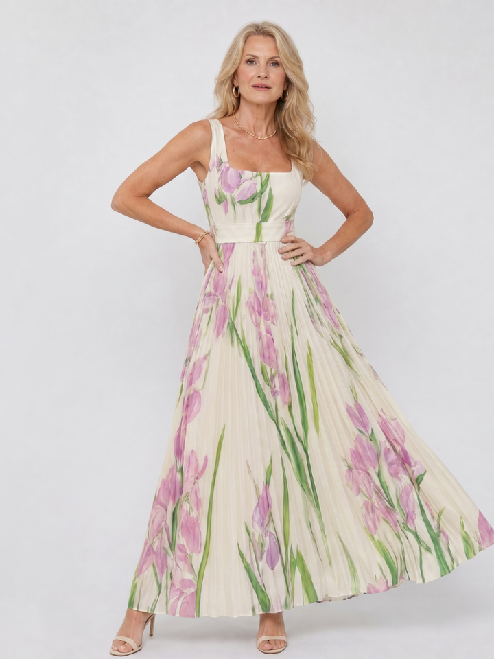 Relaxed fit pleated floral midi dress, ideal for women's summer vacations and casual outings.
