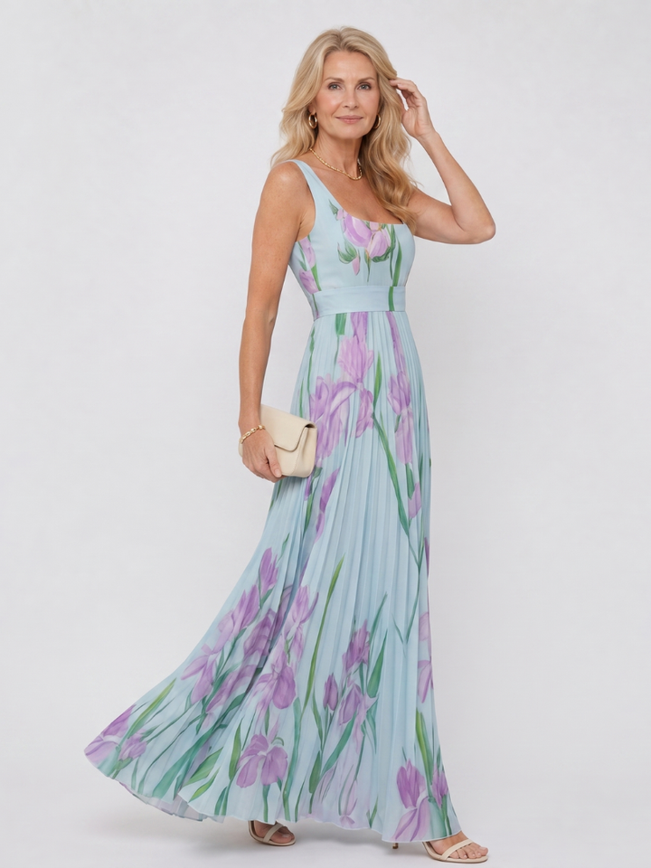 Women's square neck, sleeveless floral midi dress with a beautiful pleated skirt, casual style.