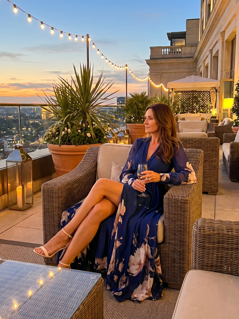 Stylish women's summer maxi dress, pleated navy with sheer floral sleeves. Ideal for elegant garden parties.