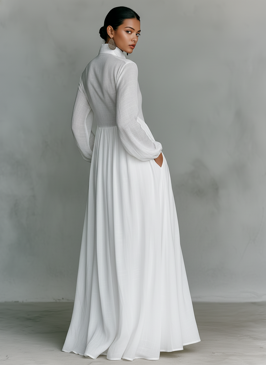Casual women's long sleeve pleated pintuck maxi dress. Elegant for spring & autumn everyday wear.